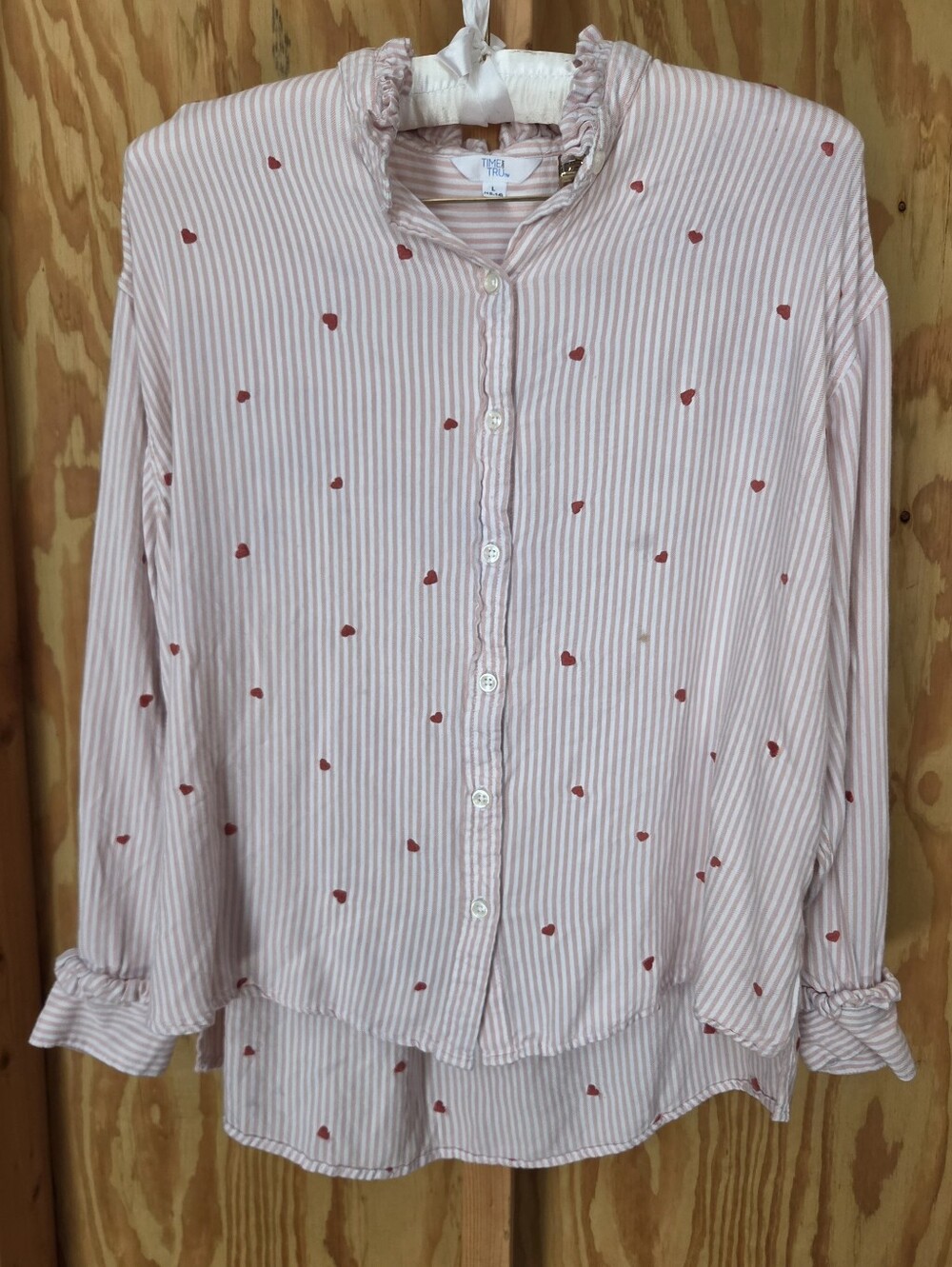 Time and Tru Pink Striped Heart Embroidered Button Down Ruffle Shirt L 12-14